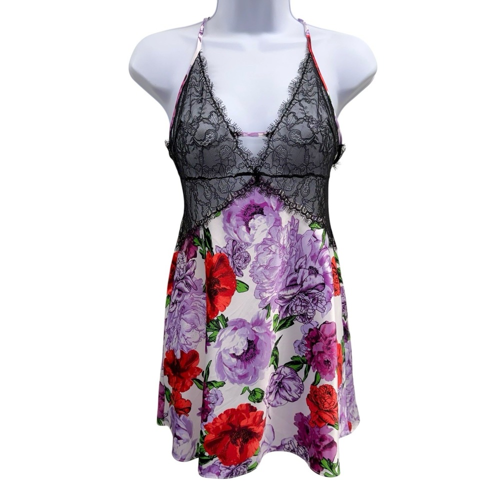 Victoria's Secret Slip Dress Night Gown Floral Red Purple White Black Lace READ*